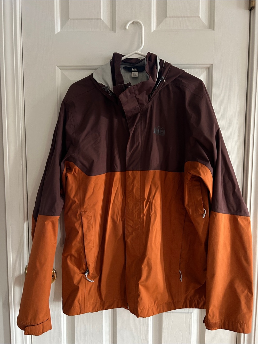 REI Men’s Two-Tone Hooded Rain Jacket — Brown & Orange